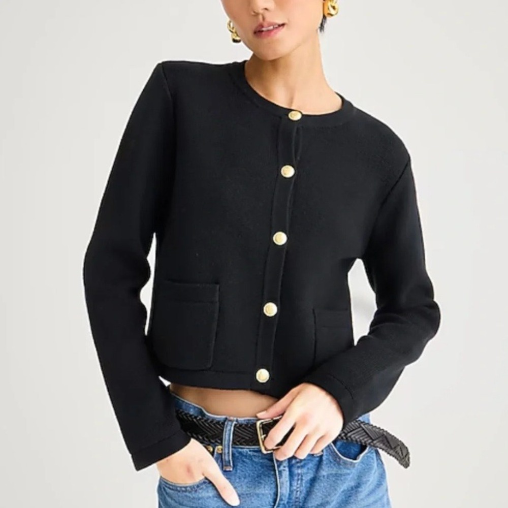 J.Crew Emilie Patch-Pocket Sweater Lady Jacket Gold Button Cardigan Black XS